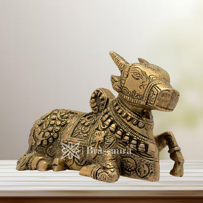 Brass Black Patina Work Nandhi Cow Idol for Home and Decor Weight 1.8 Kg Height 12 cm