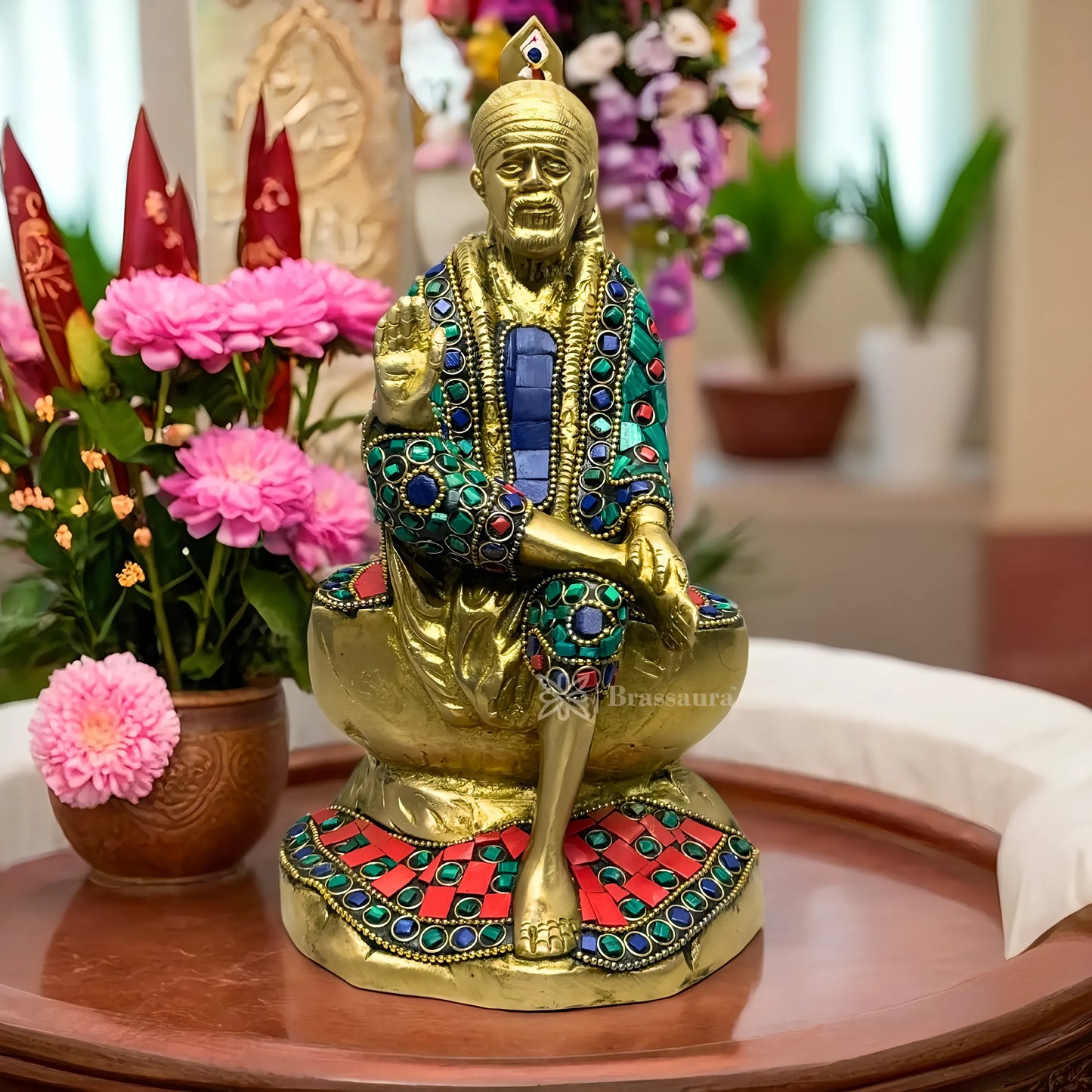 Brassaura™ Brass Gem Stone Work Sai Baba Idol – Height 9 Inches & Weight 2.4 Kgs | Royal Ensemble for Temple & Home Décor