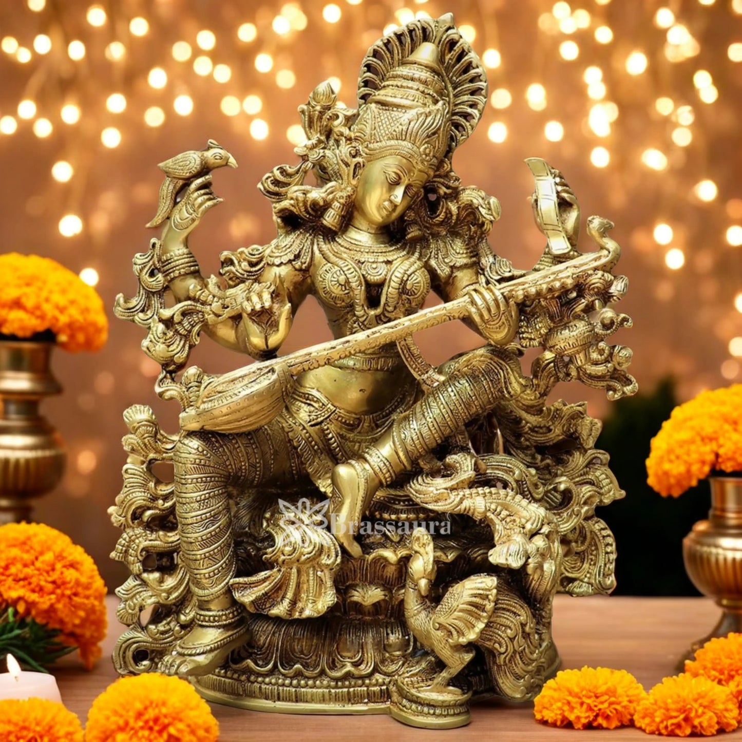 Brassaura™ Brass Saraswati Idol – Height 16 Inches & Weight 15 Kgs | Hindu Goddess Statue