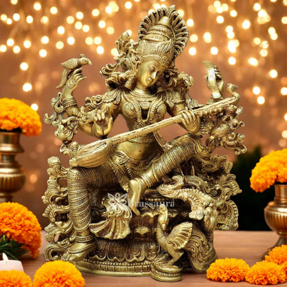 Brassaura™ Brass Saraswati Idol – Height 16 Inches & Weight 15 Kgs | Hindu Goddess Statue