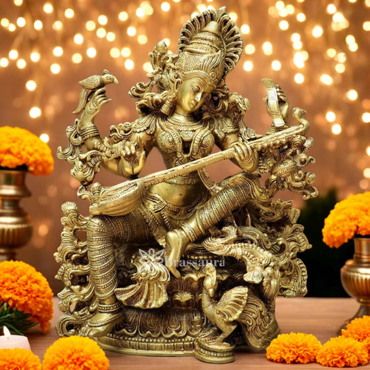 Brassaura™ Brass Saraswati Idol – Height 16 Inches & Weight 15 Kgs | Hindu Goddess Statue
