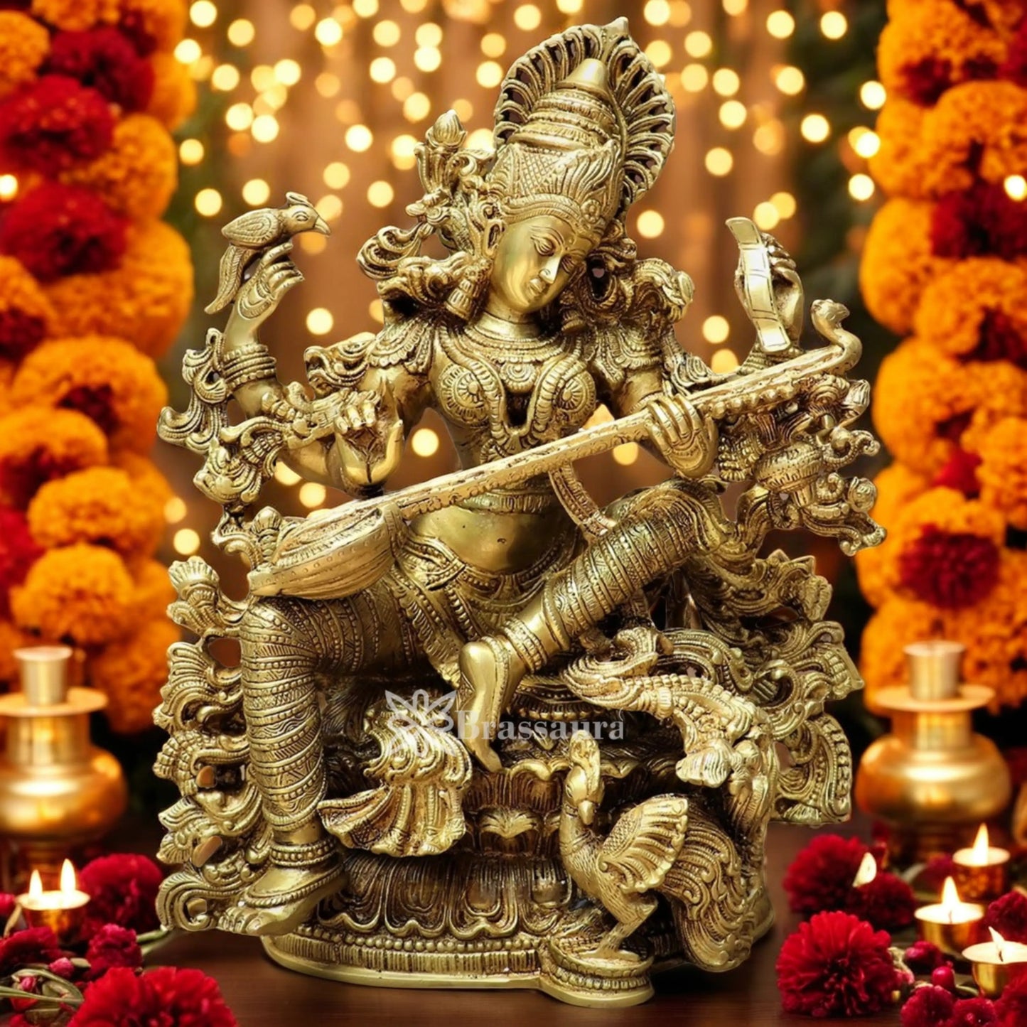 Brassaura™ Brass Saraswati Idol – Height 16 Inches & Weight 15 Kgs | Hindu Goddess Statue