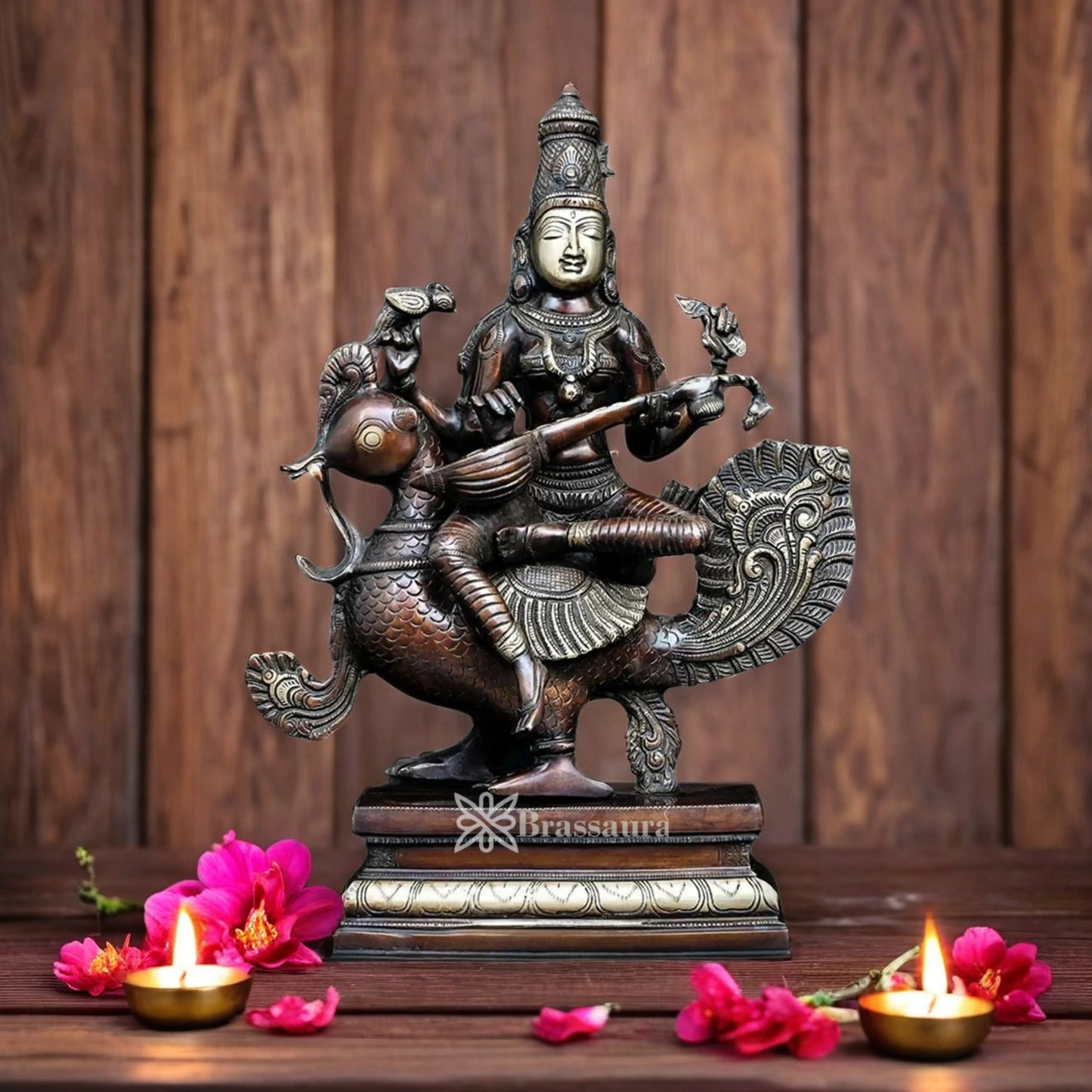 Brassaura™ Brass Saraswati Mata Murti – Height 19 Inches & Weight 15 Kgs | Puja & Worship Idol