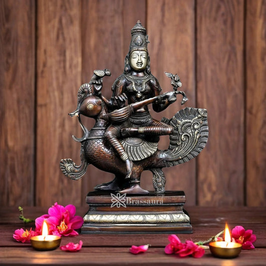 Brassaura™ Brass Saraswati Mata Murti – Height 19 Inches & Weight 15 Kgs | Puja & Worship Idol
