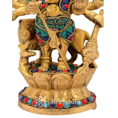 Brass Gem Stone Work Ganesha and Lion Idol for Home and Decor Weight 2.3 Kg Height 23 cm