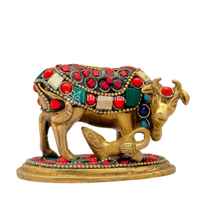 Brass Gem Stone Work Kaamdhenu Cow Idol for Home and Decor Weight .4 Kg Height 6 cm