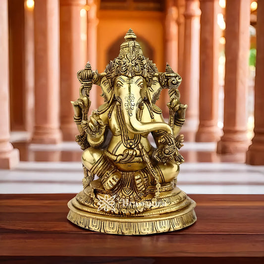 Brassaura™ Brass Ganesha Idol for Home Temple & Pooja Décor | Height 10 Inches & Weight 4.5 Kgs