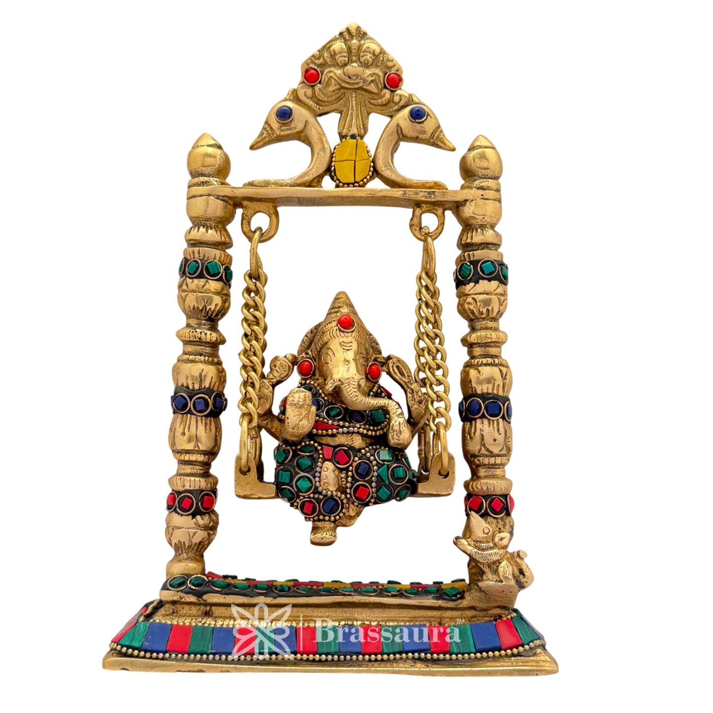 Brass Gem Stone Work Ganesha Jhula Idol for Home and Decor Weight 2 Kg Height 23 cm