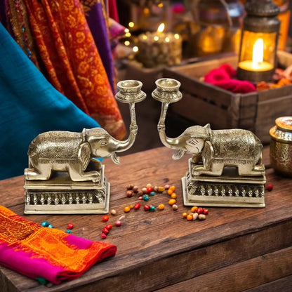 Brass Candle Holder on Elephant Statue For Home Decor Weight 5 Kg And Height 11.9 inches