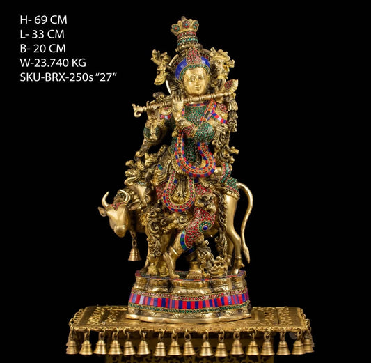 Brassaura™ Cow Krishna Gemstone Work Statue – Height 27 Inch, Weight 23.74 Kg | Solid Brass Murti