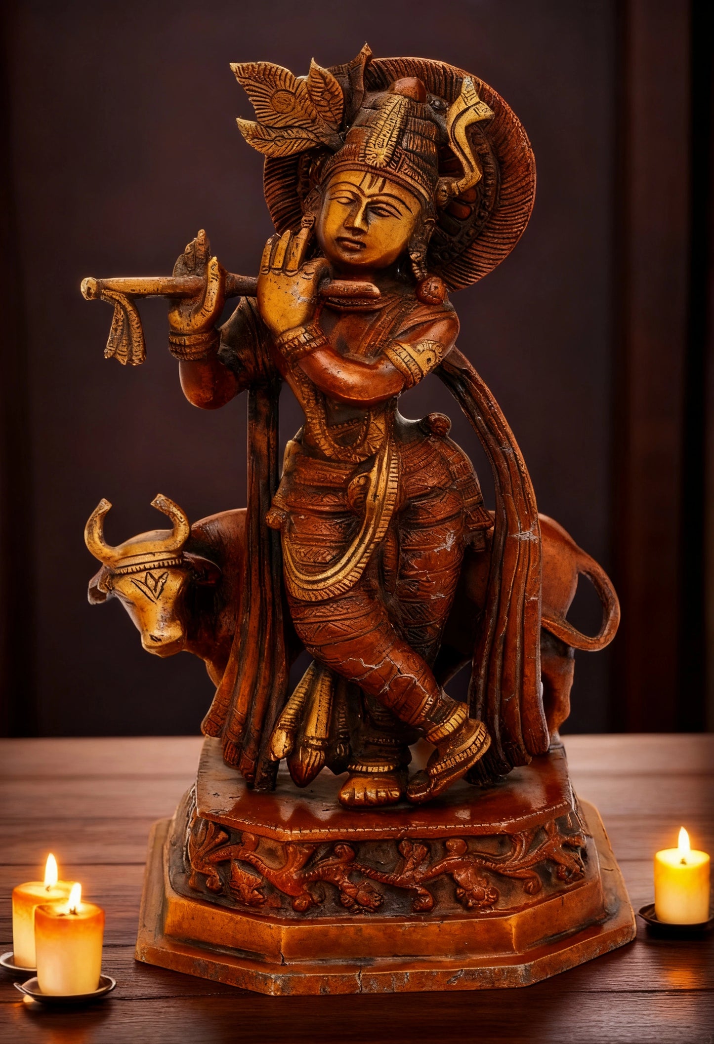 पीतल की गाय और कृष्ण बांसुरी बजाते हुए, वज़न 2.7 किग्रा और ऊँचाई 10 इंच