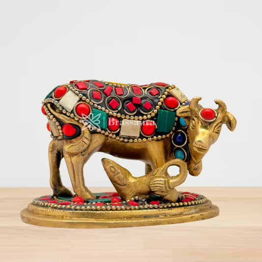 Brass Gem Stone Work Kaamdhenu Cow Idol for Home and Decor Weight .4 Kg Height 6 cm