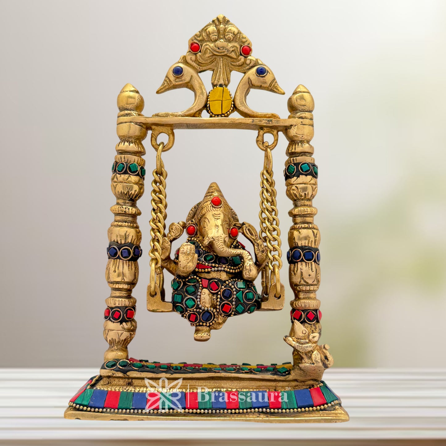 Brass Gem Stone Work Ganesha Jhula Idol for Home and Decor Weight 2 Kg Height 23 cm