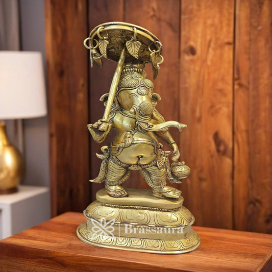 Brassaura™ Brass Umbrella Ganesha Statue for Home and Decor | Weight 5 Kgs | Height 15 Inches