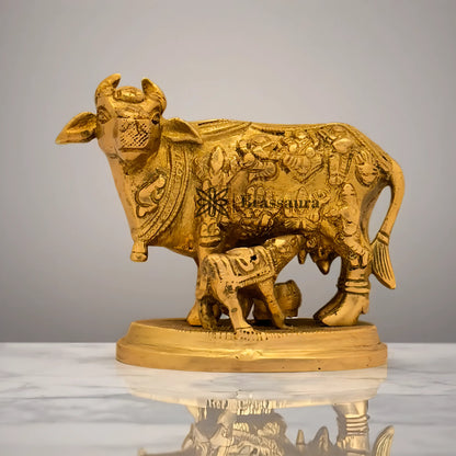 Brassaura™ Brass Kamdhenu Cow & Calf Idol – Height 4 Inches & Weight 1 Kgs | Handcrafted Pooja Sculpture