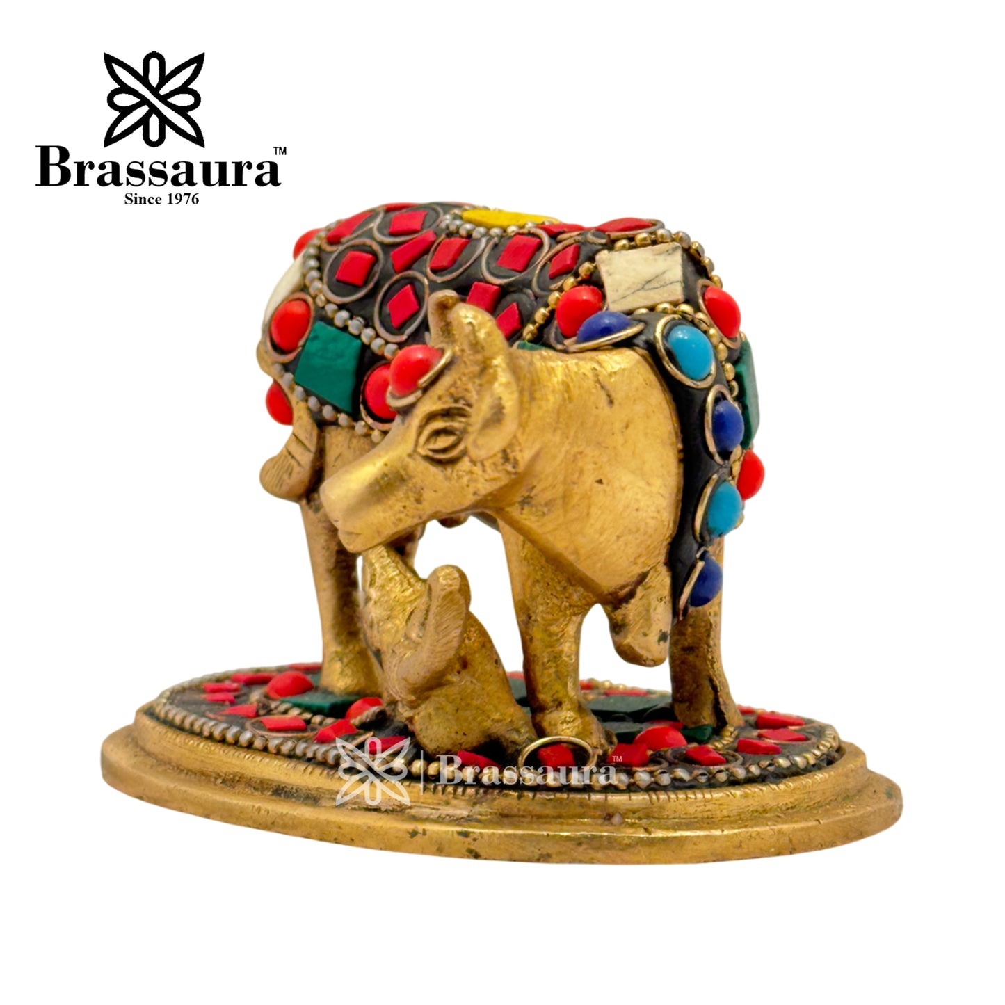 Brass Gem Stone Work Kaamdhenu Cow Idol for Home and Decor Weight .4 Kg Height 6 cm