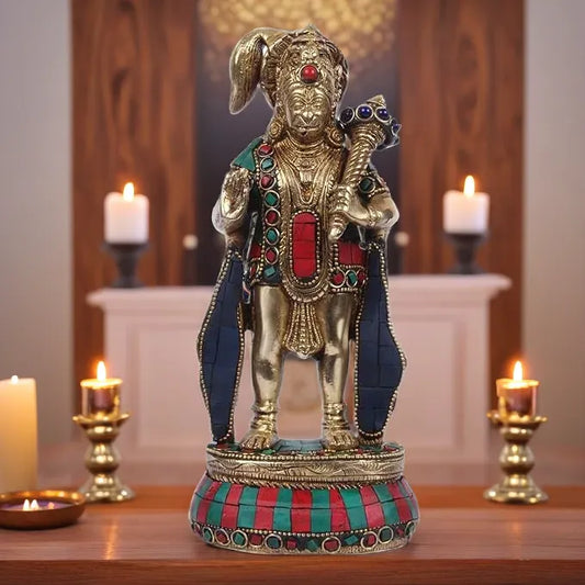 Brassaura™ Gemstone Crafted Brass Hanuman Murti – Height 10 Inches & Weight 1.8 Kgs | Temple Collection