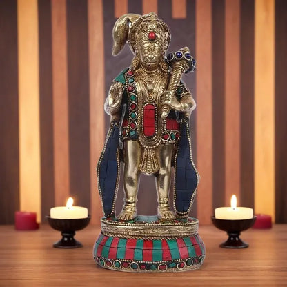 Brassaura™ Gemstone Crafted Brass Hanuman Murti – Height 10 Inches & Weight 1.8 Kgs | Temple Collection