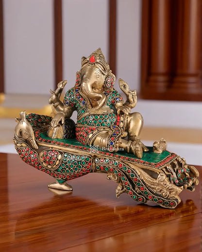 Brassaura™ Handcrafted Ganapathi on Peacock Throne – 7.5" Height, 4.5 kg – Brass Statue with Multicolored Stones