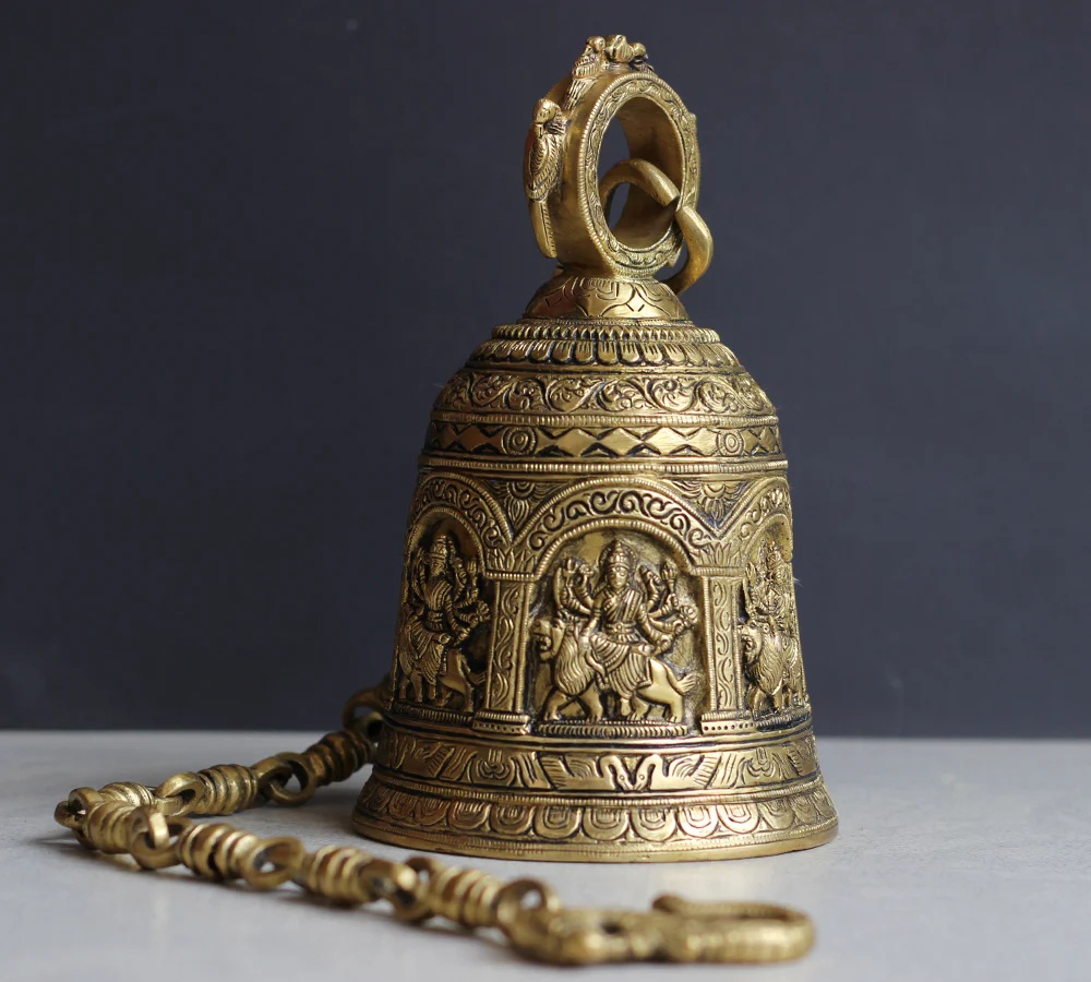 Brassaura® Brass Durga Temple Bell with Chain | Handcrafted Sacred Hanging Ghanti | Height 9.5 Inches & Weight 4.1 Kgs