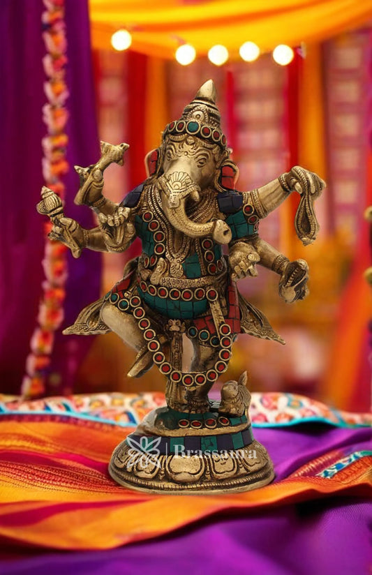 Brassaura™ Brass Gem Stone Work Dancing Ganesha Idol for Home and Decor | Weight 2.5 Kgs | Height 9 Inches