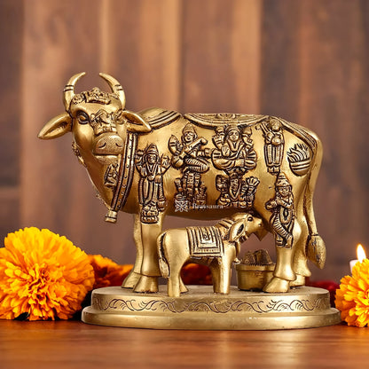 Brassaura™ Engraved Brass Kamdhenu Statue | 5 Inches Height | 2 Kgs Weight | Antique Gold Finish