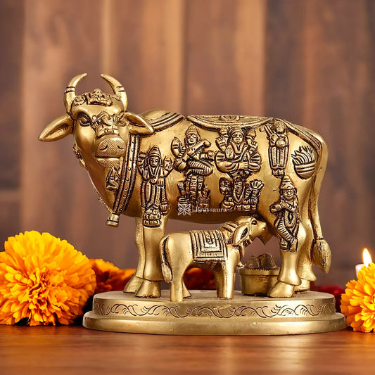 Brassaura™ Engraved Brass Kamdhenu Statue | 5 Inches Height | 2 Kgs Weight | Antique Gold Finish