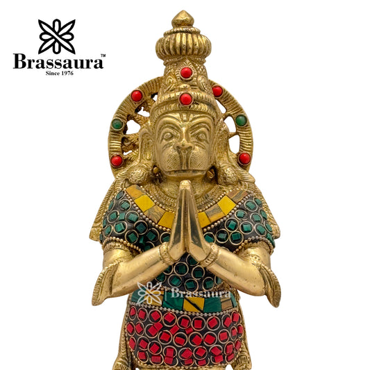 Brassaura™ पीतल रत्न जड़ित हनुमान मूर्ति ऊंचाई 11.2 इंच और वजन 2.8 किलोग्राम | मंदिर और त्योहार के उपयोग के लिए