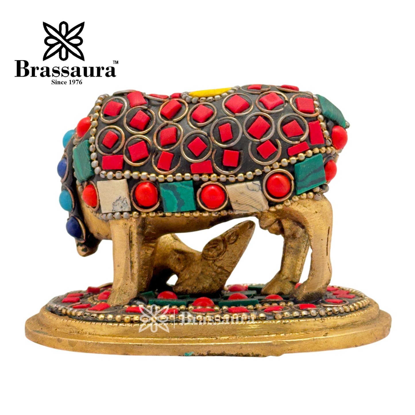 Brass Gem Stone Work Kaamdhenu Cow Idol for Home and Decor Weight .4 Kg Height 6 cm