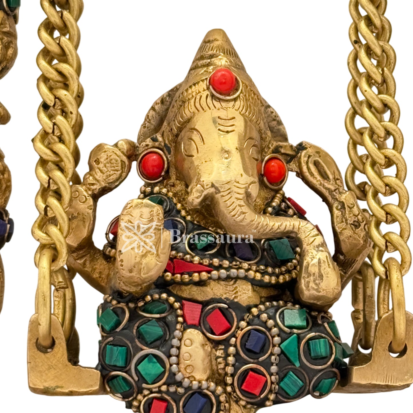 Brass Gem Stone Work Ganesha Jhula Idol for Home and Decor Weight 2 Kg Height 23 cm