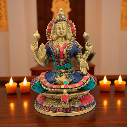 Brassaura™ Brass Gem Stone Work Goddess Laxmi Murti – Height 9.6 Inches & Weight 3.44 Kgs | Home & Temple Idol