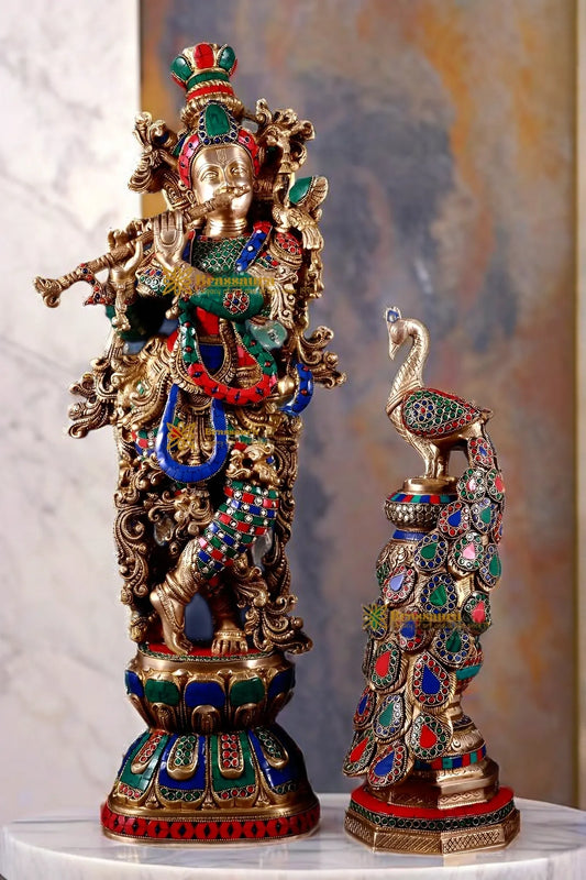 Brassaura™ Krishna Flute Statue (29" | 19 Kgs) & Large Peacock Showpiece (20" | 8.5 Kgs) Set