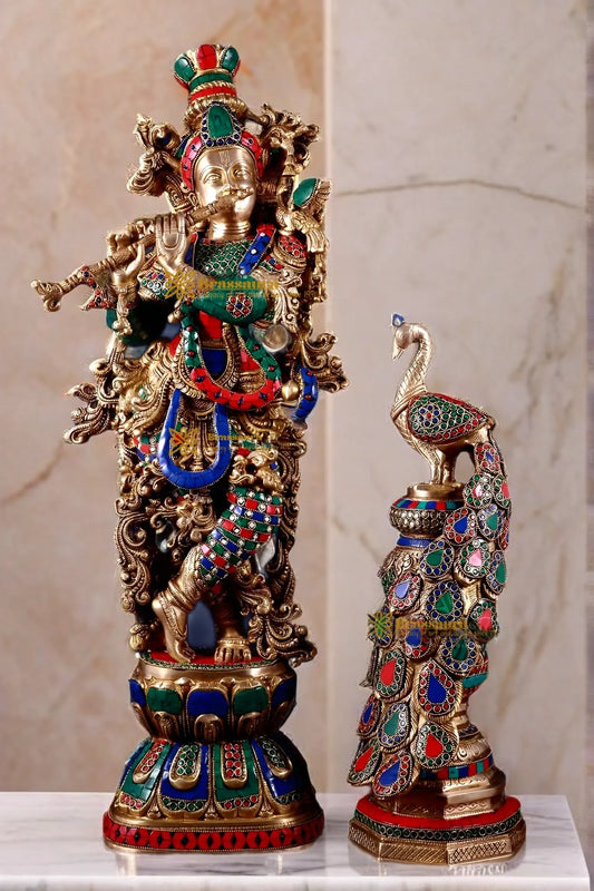 Brassaura™ Krishna Flute Statue (29" | 19 Kgs) & Large Peacock Showpiece (20" | 8.5 Kgs) Set