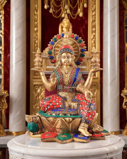 Brass Gem Stone Work Sitting Laxmi Mata for Home and Decor Height 11 Inches & Weight 6.25 Kgs