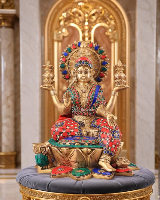 Brass Gem Stone Work Sitting Laxmi Mata for Home and Decor Height 11 Inches & Weight 6.25 Kgs