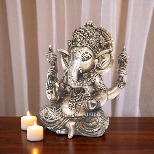 Brassaura™ Brass Ganesha Idol for Home and Decor | Weight 3.9 Kgs | Height 9 Inches