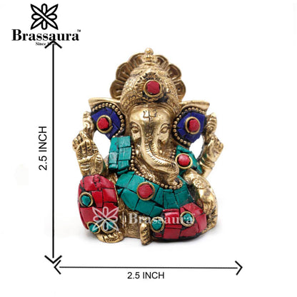 Brass Gem Stone Work Ganesha Statue For Home Decor And Gift Item Weight .45 Kg And Height 2.5 Inch