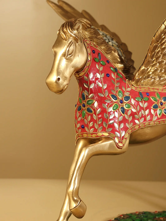 Brassaura® Pegasus Winged Horse Brass Sculpture with Inlay Work | Pure Brass | Height 16.5 Inches & Weight 10 kgs