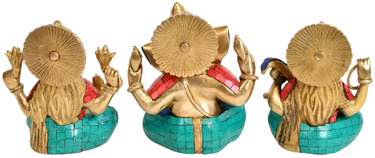 Brassaura™ Lakshmi Ganesha Saraswati Idol in Brass with Inlay Work | Height 8 Inches & Weight 5.40 kgs