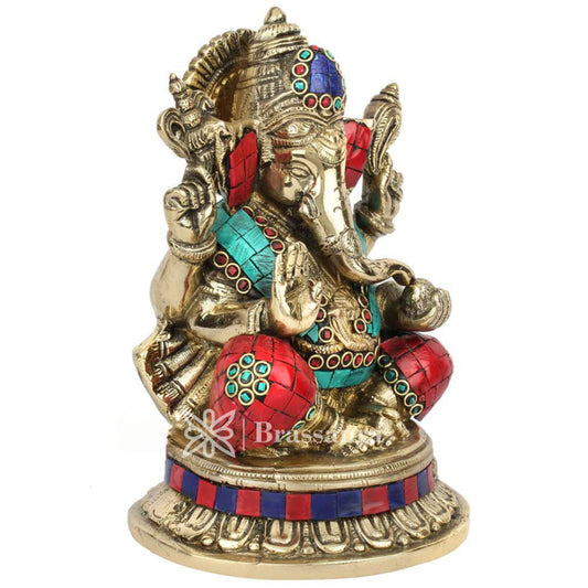 Brassaura™ Brass Gem Stone Work Ganesha Idol for Home and Decor | Weight 3.1 Kgs | Height 8.5 Inches