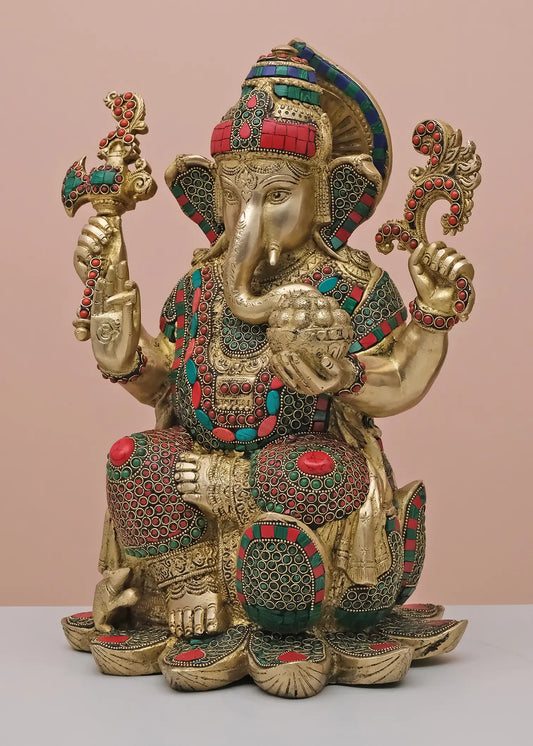 Brassaura™ Brass Lord Ganesha Seated on Lotus with Inlay Work | Height 16 Inches & Weight 15.86 kgs