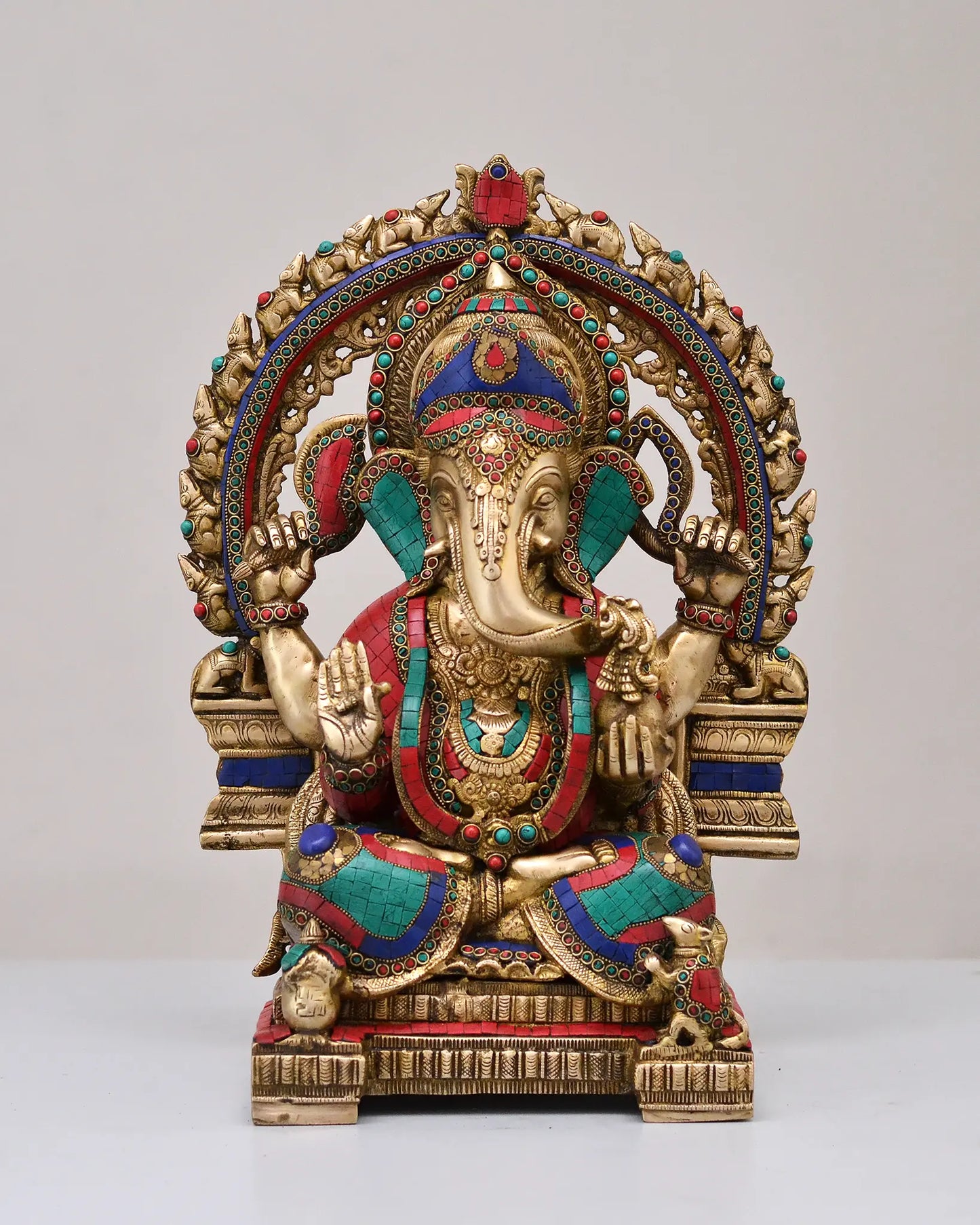 Brassaura™ Seated Lord Ganesha with Prabhavali | Pure Brass with Meenakari Inlay Work | Height 19 Inches & Weight 20 Kgs