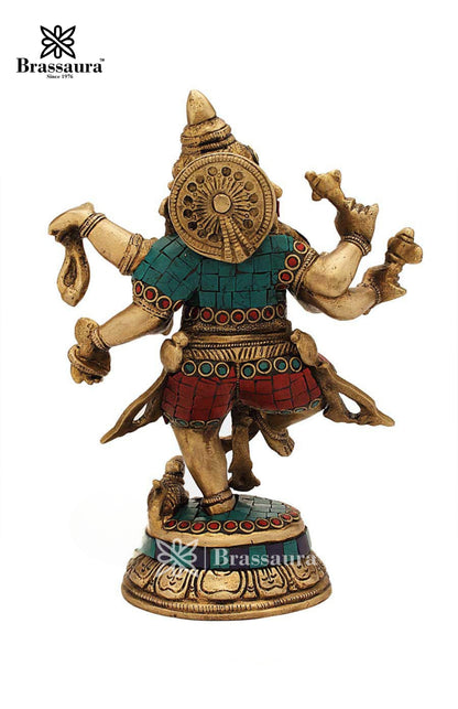 Brassaura™ Brass Gem Stone Work Dancing Ganesha Idol for Home and Decor | Weight 2.5 Kgs | Height 9 Inches