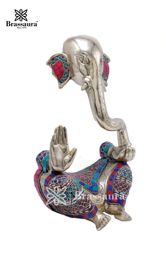 Brassaura™ Brass Gem Stone Work Ganesha Idol for Home and Decor | Weight 4.1 Kgs | Height 12 Inches