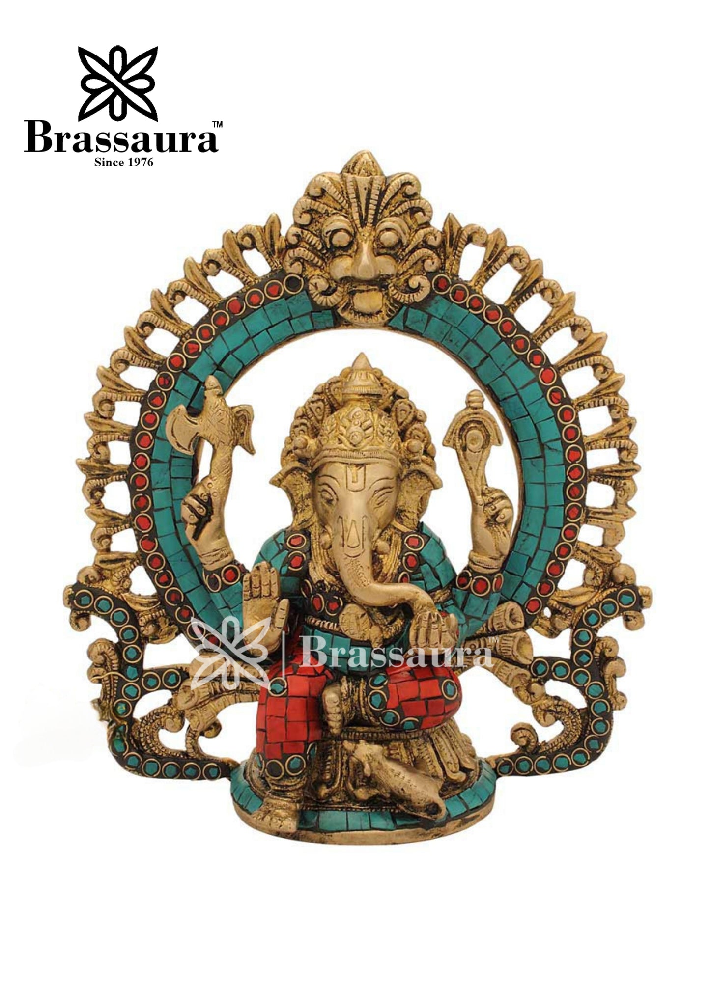 Brass Gem Stone Work Ring Ganesha Statue For Home Decor Weight 2.7 Kg And Height 9 Inch