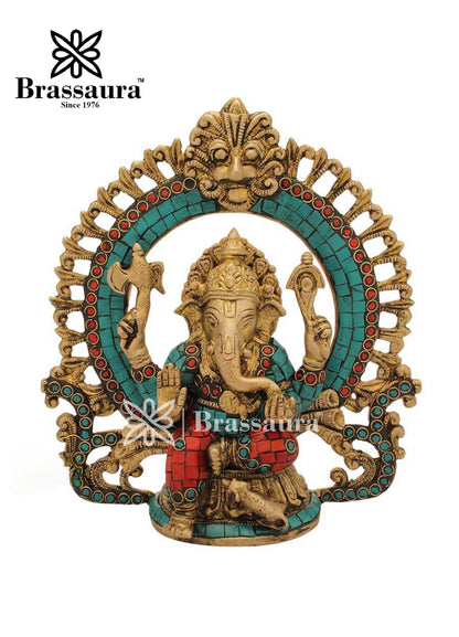 Brass Gem Stone Work Ring Ganesha Statue For Home Decor Weight 2.7 Kg And Height 9 Inch