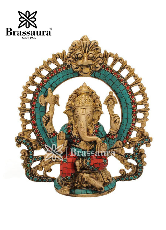 Brass Gem Stone Work Ring Ganesha Statue For Home Decor Weight 2.7 Kg And Height 9 Inch
