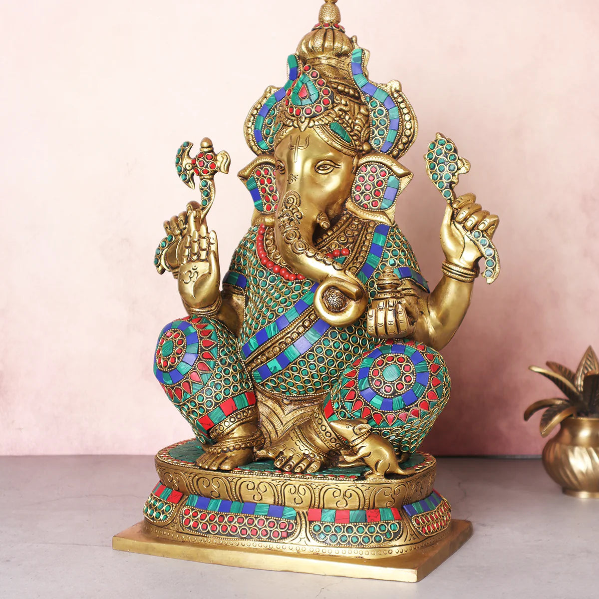 Brassaura® Brass Large Ganesha Statue for Home Temple Decor | Height 15.5 Inches