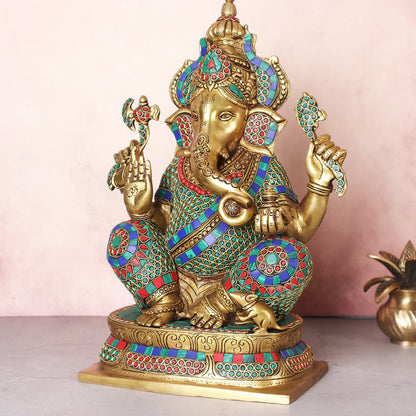 Brassaura® Brass Large Ganesha Statue for Home Temple Decor | Height 15.5 Inches