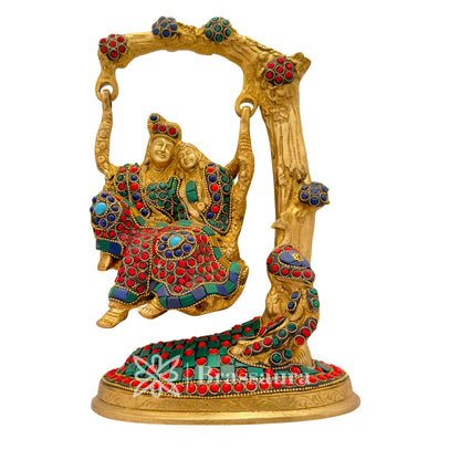 Brass Gem Stone Work Radha Krishna Tree Jhula Idol for Home and Decor Weight 3.5 Kg Height 28 cm